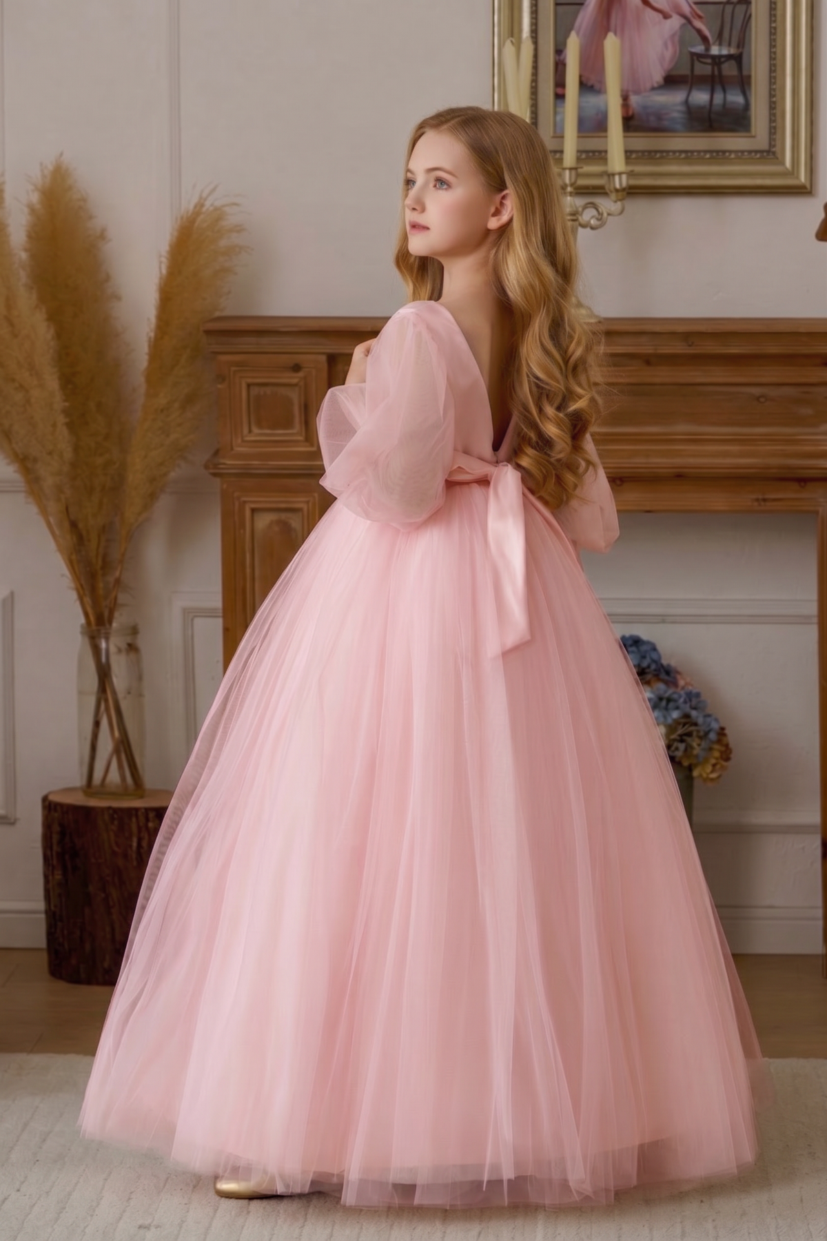 Mesh Satin Lace Embroidered Puff Sleeve Dress