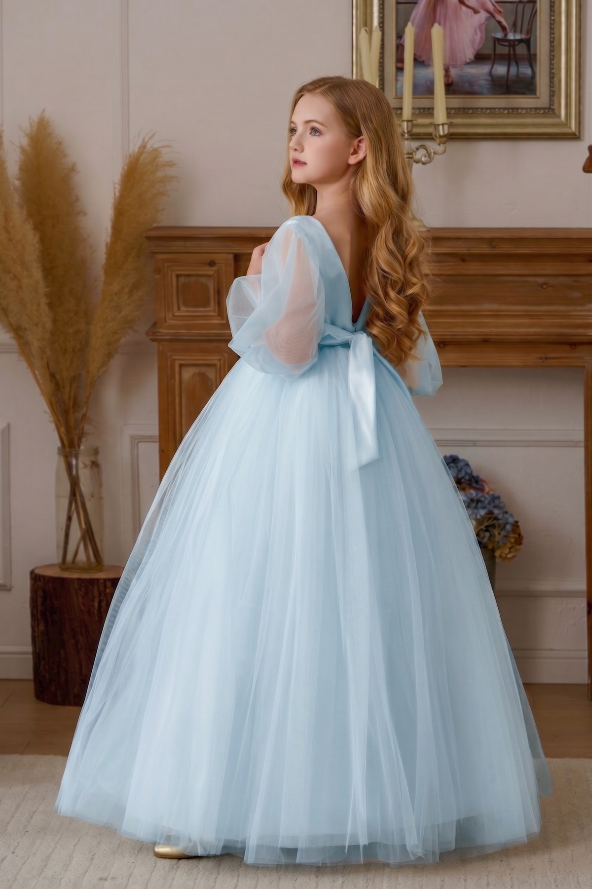 Mesh Satin Lace Embroidered Puff Sleeve Dress