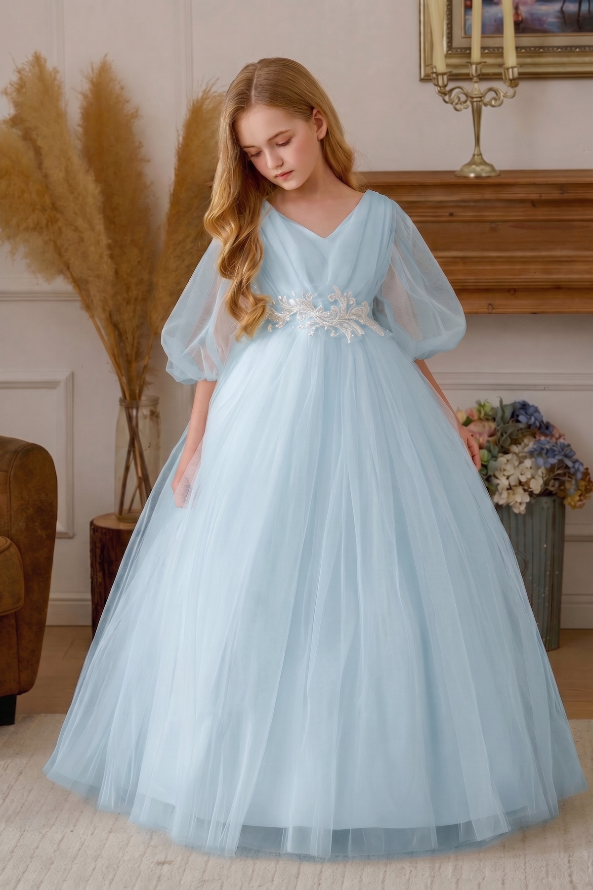 Mesh Satin Lace Embroidered Puff Sleeve Dress