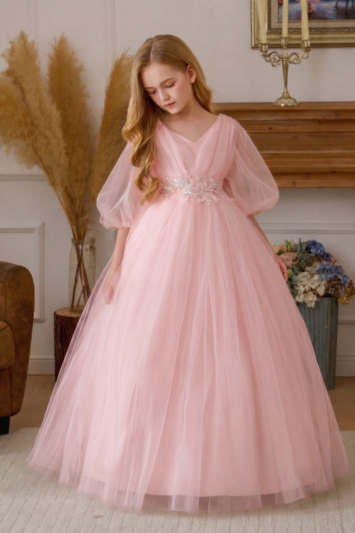 Mesh Satin Lace Embroidered Puff Sleeve Dress