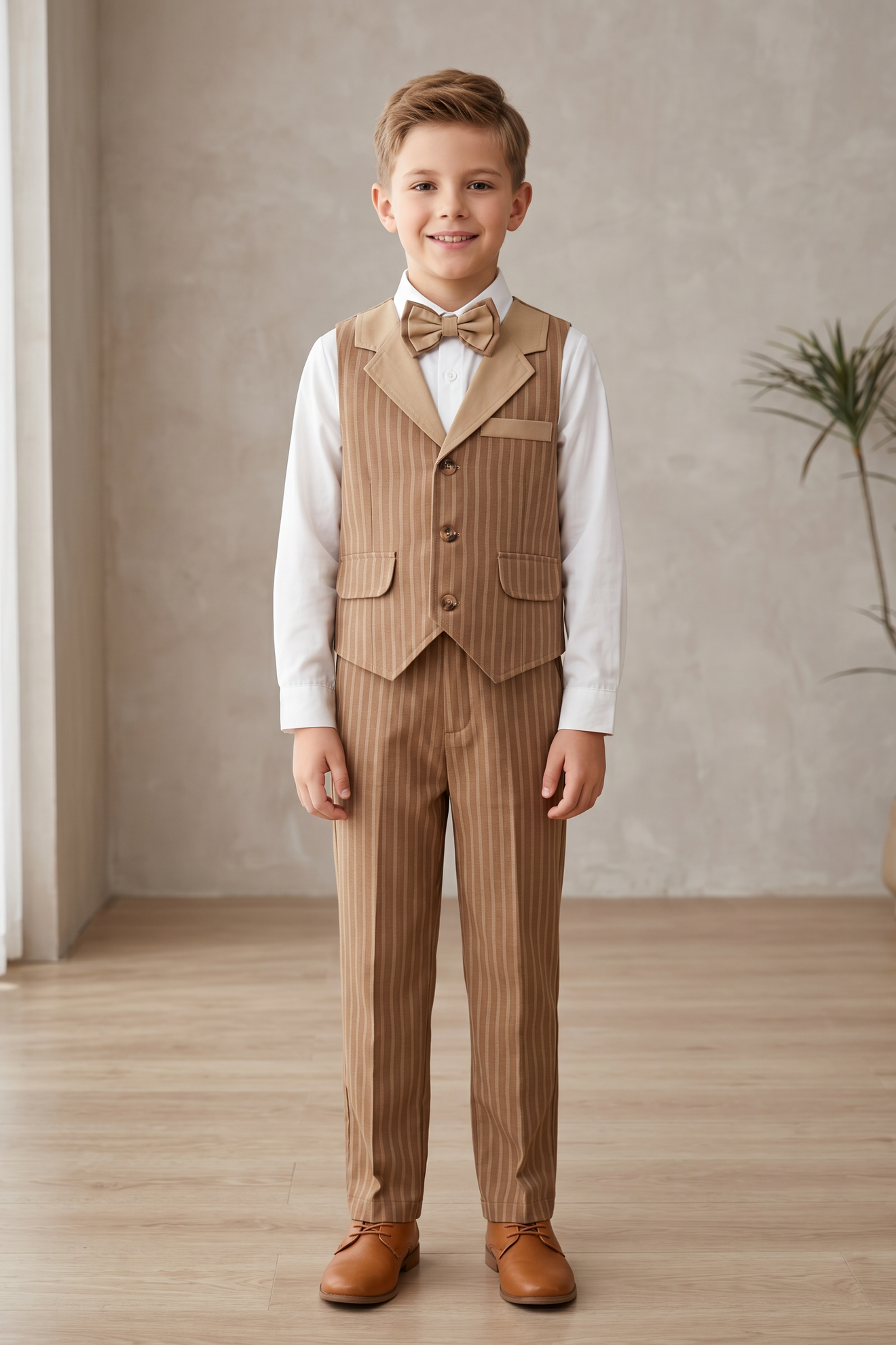 Light Brown Striped Lapel Single-Breasted Vest 2-Piece Set
