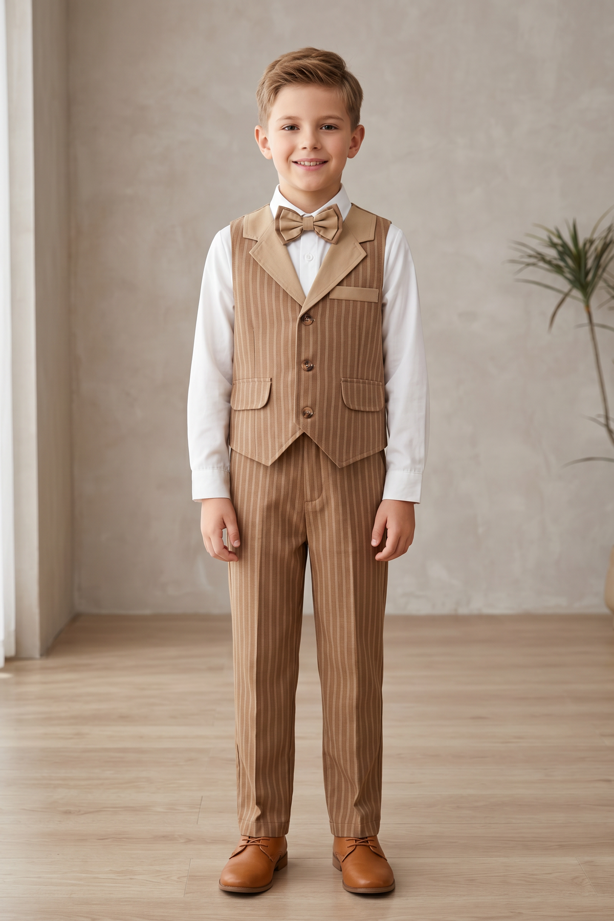 Light Brown Striped Lapel Single-Breasted Vest 2-Piece Set
