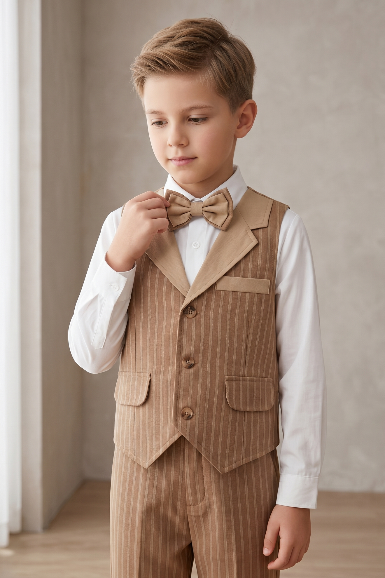 Light Brown Striped Lapel Single-Breasted Vest 2-Piece Set