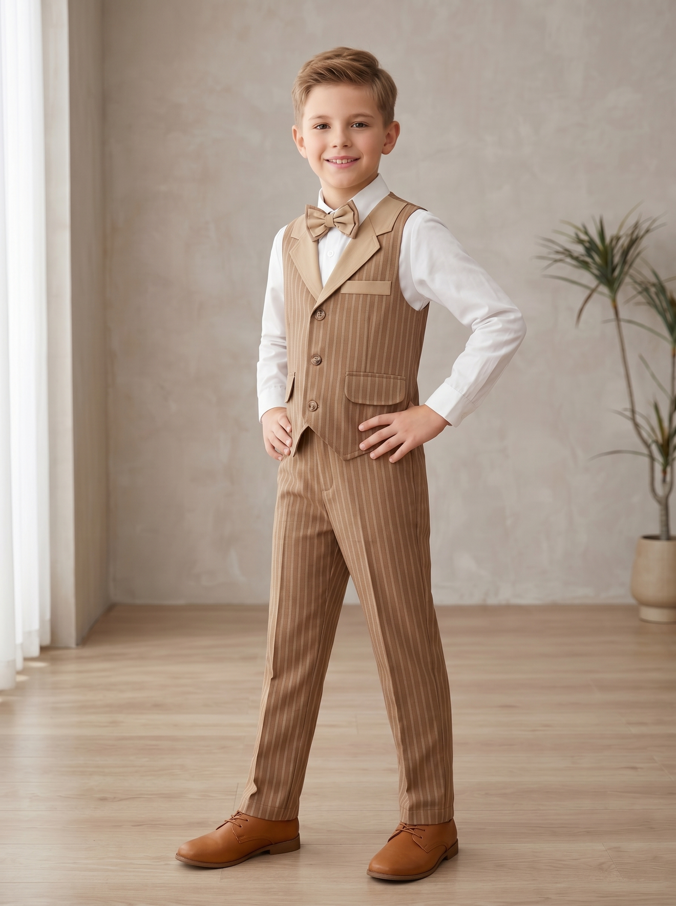 Light Brown Striped Lapel Single-Breasted Vest 2-Piece Set