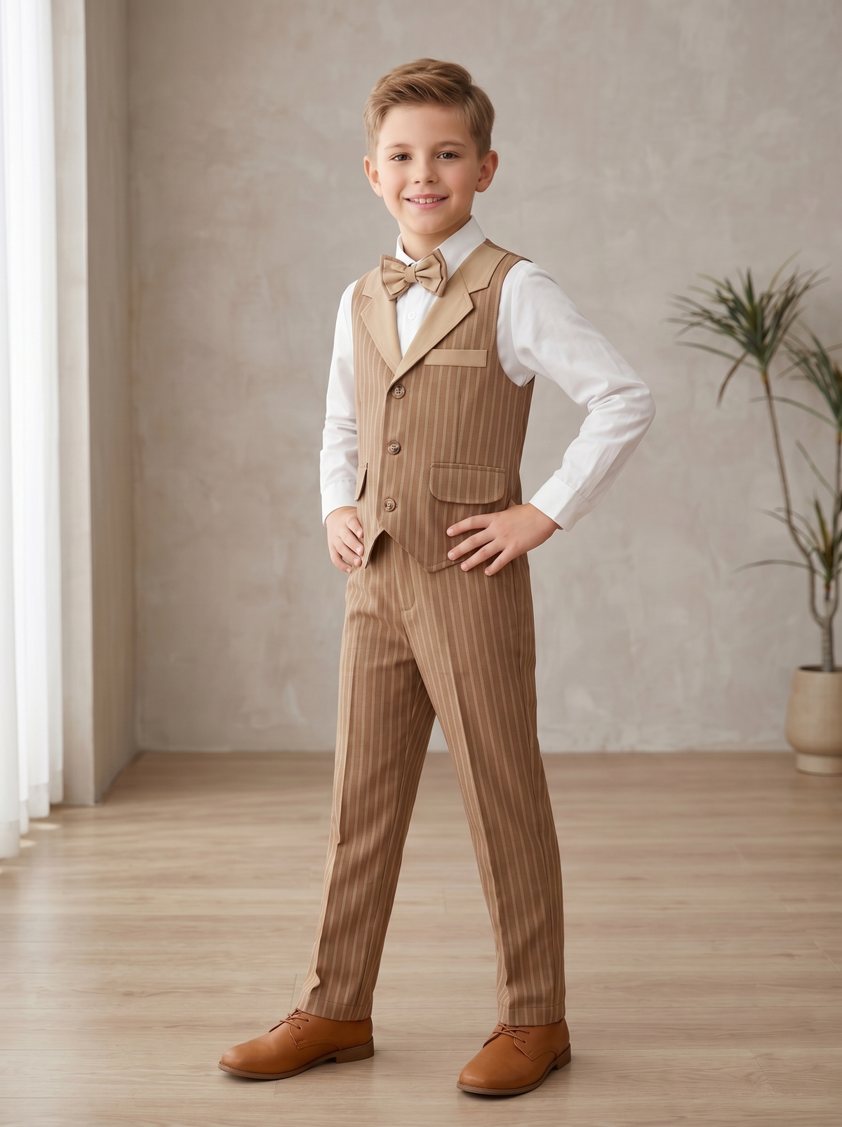 Light Brown Striped Lapel Single-Breasted Vest 2-Piece Set