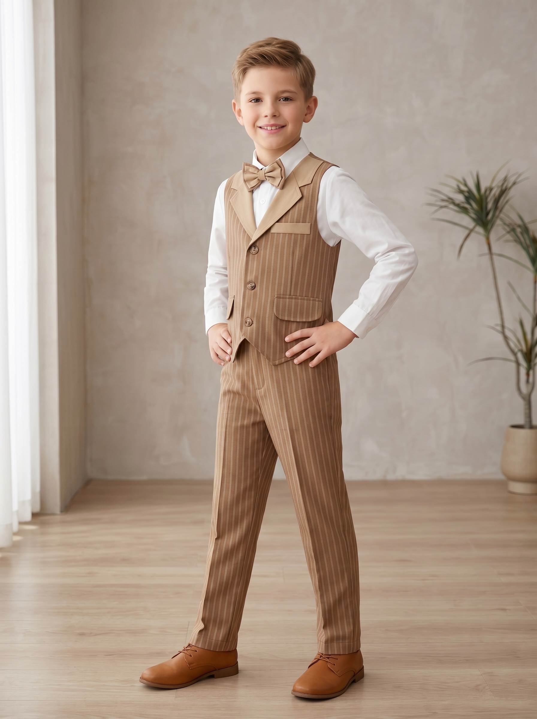 Light Brown Striped Lapel Single-Breasted Vest 2-Piece Set