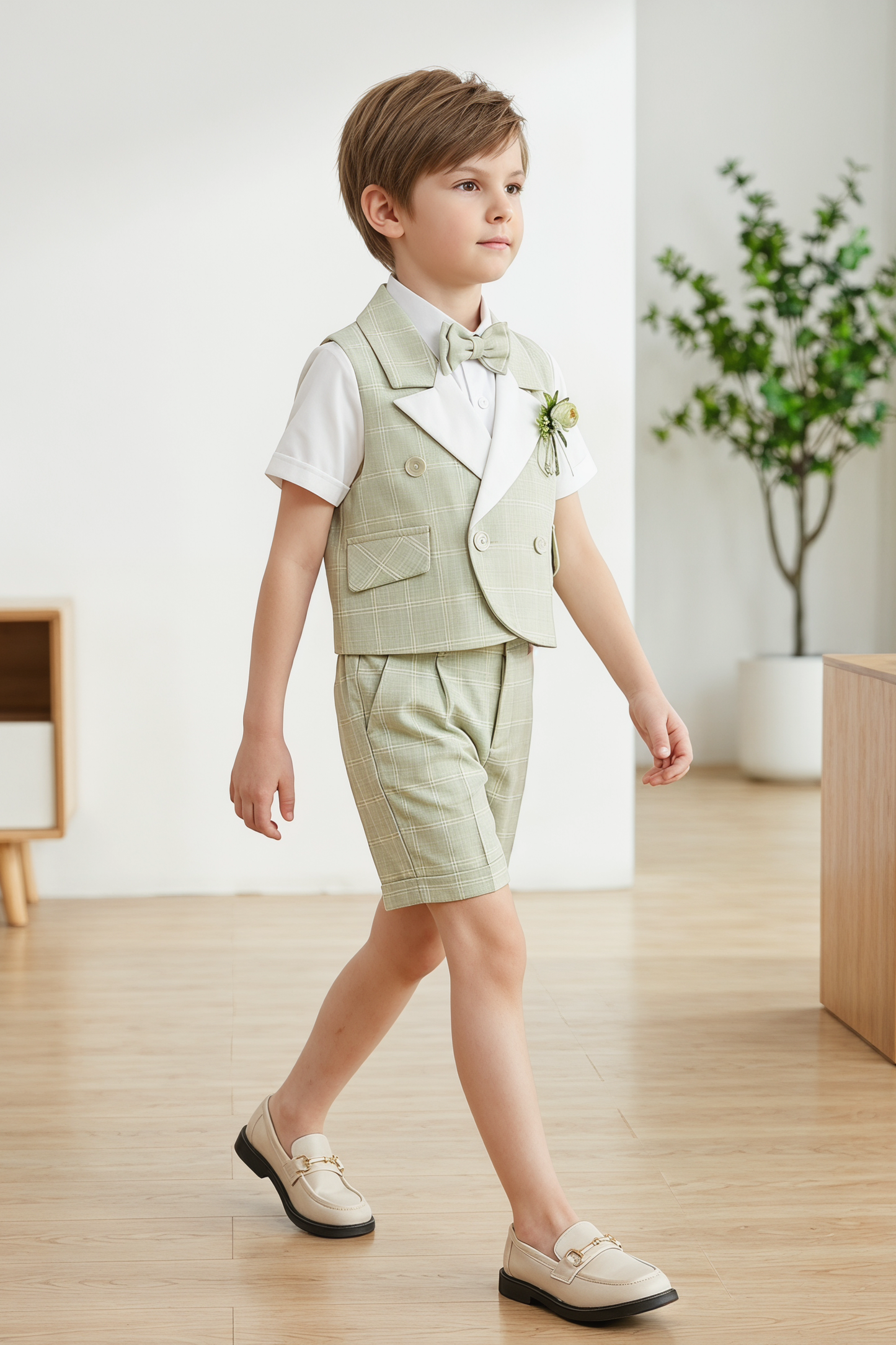 Green Plaid Lapel Double-Breasted Vest 4-Piece Set