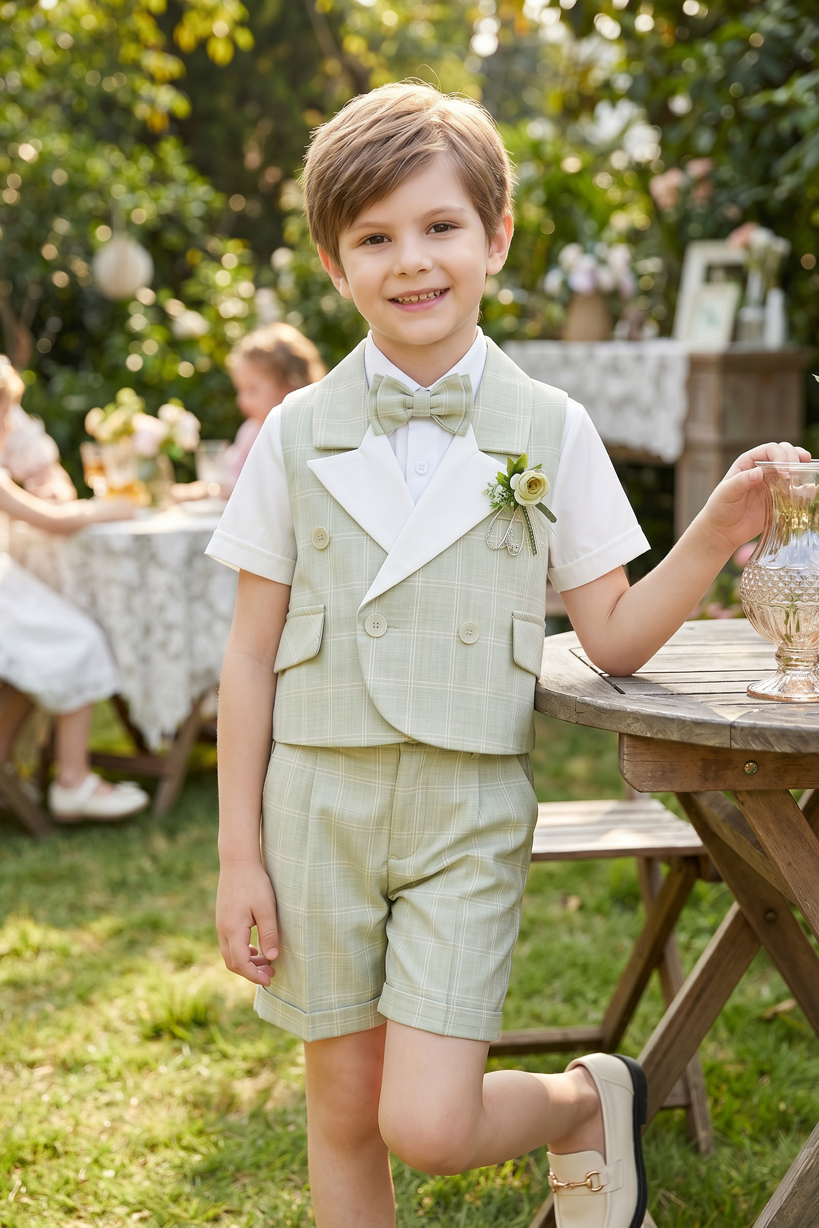Green Plaid Lapel Double-Breasted Vest 4-Piece Set