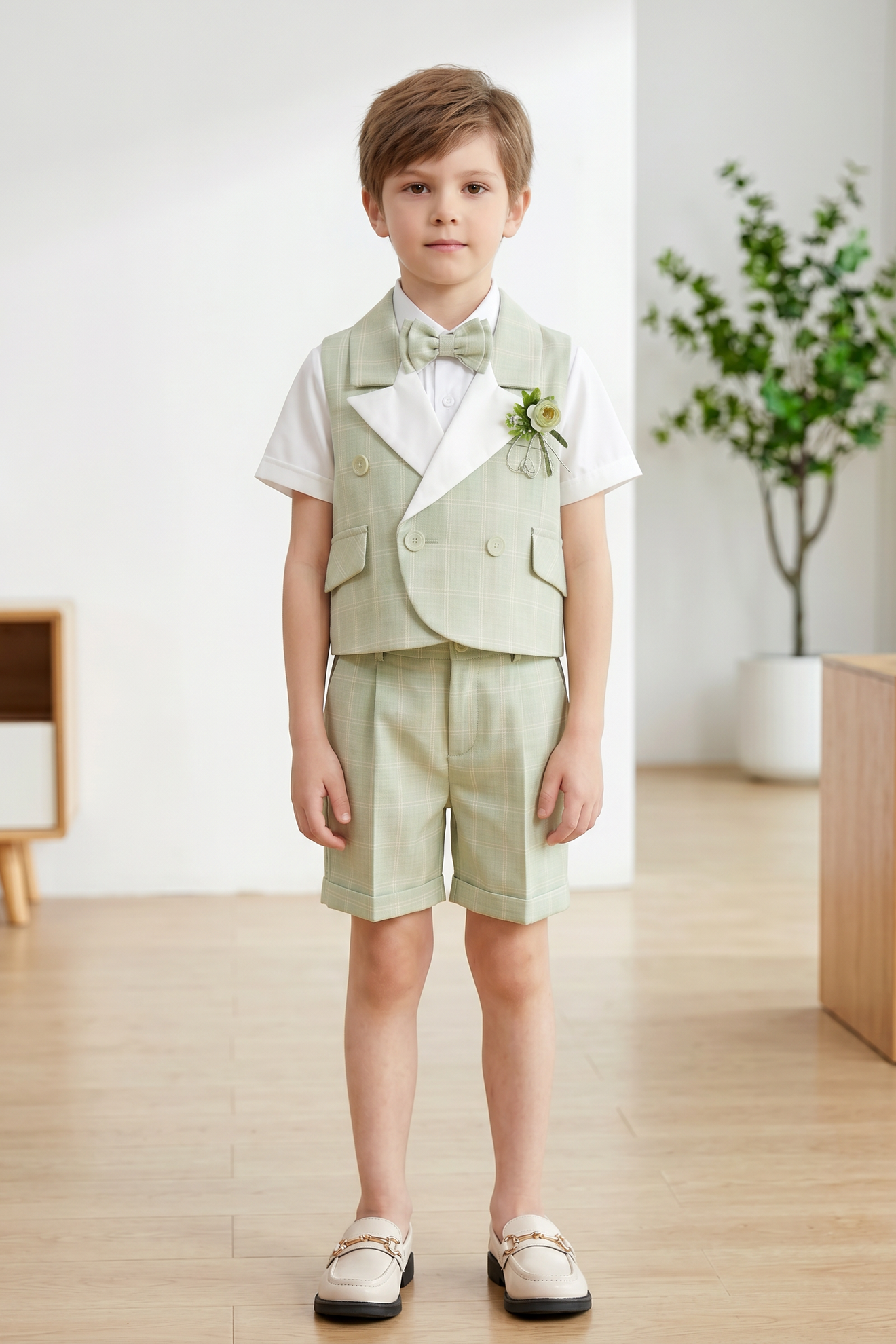 Green Plaid Lapel Double-Breasted Vest 4-Piece Set