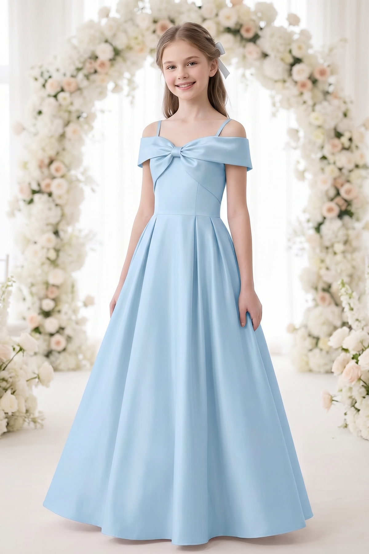 Blue Satin Off-Shoulder Strappy Bow Detail Dress