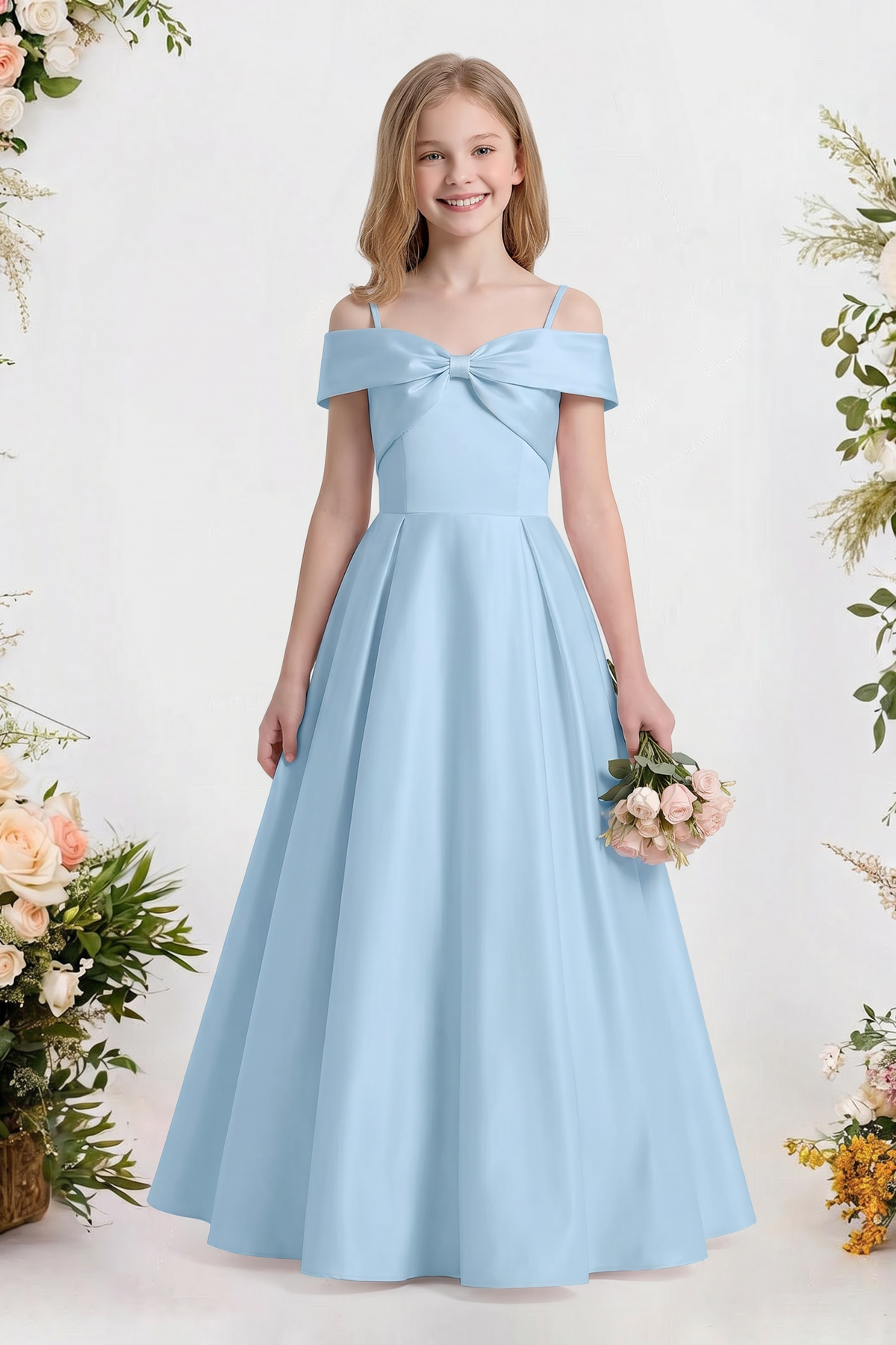 Blue Satin Off-Shoulder Strappy Bow Detail Dress