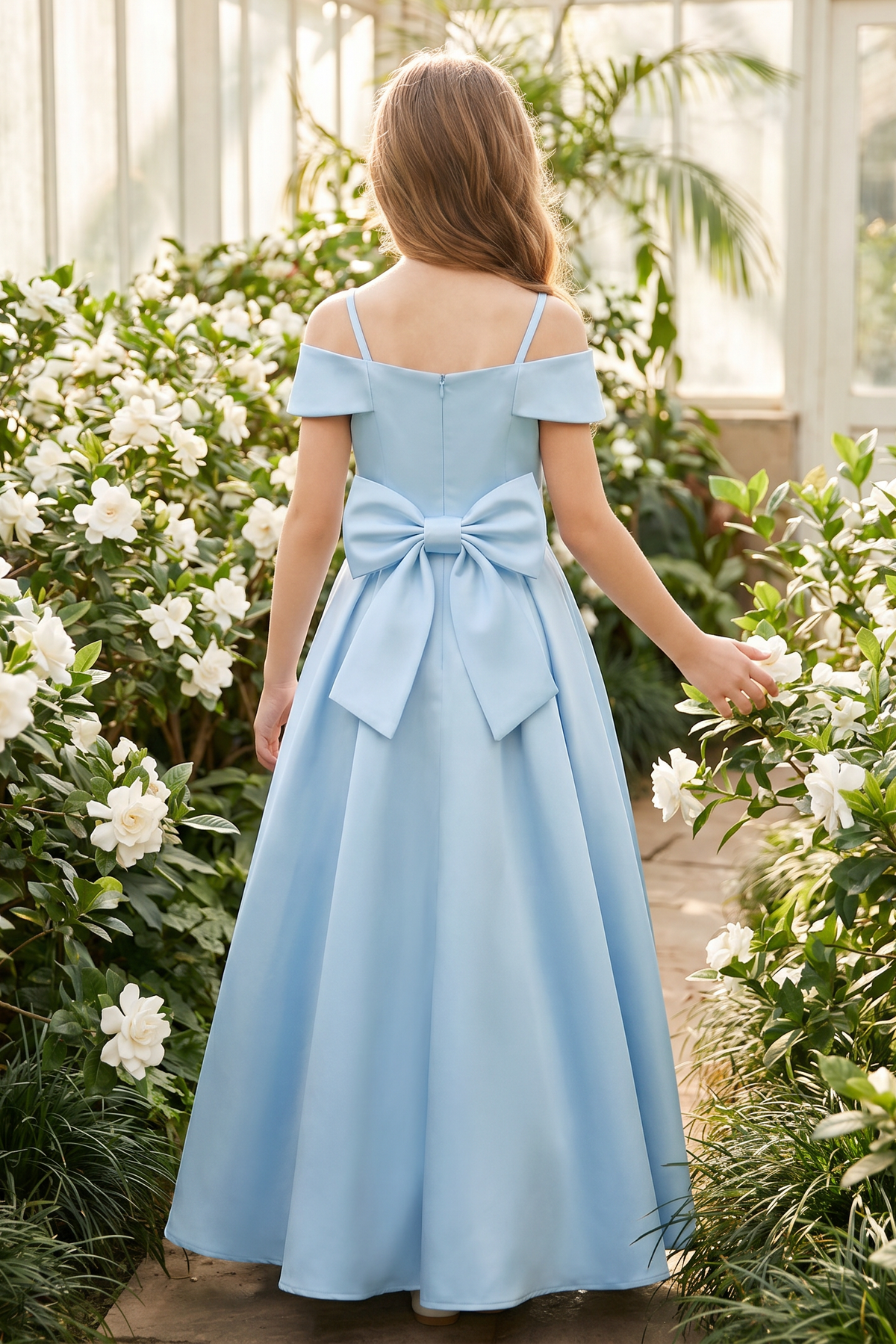 Blue Satin Off-Shoulder Strappy Bow Detail Dress