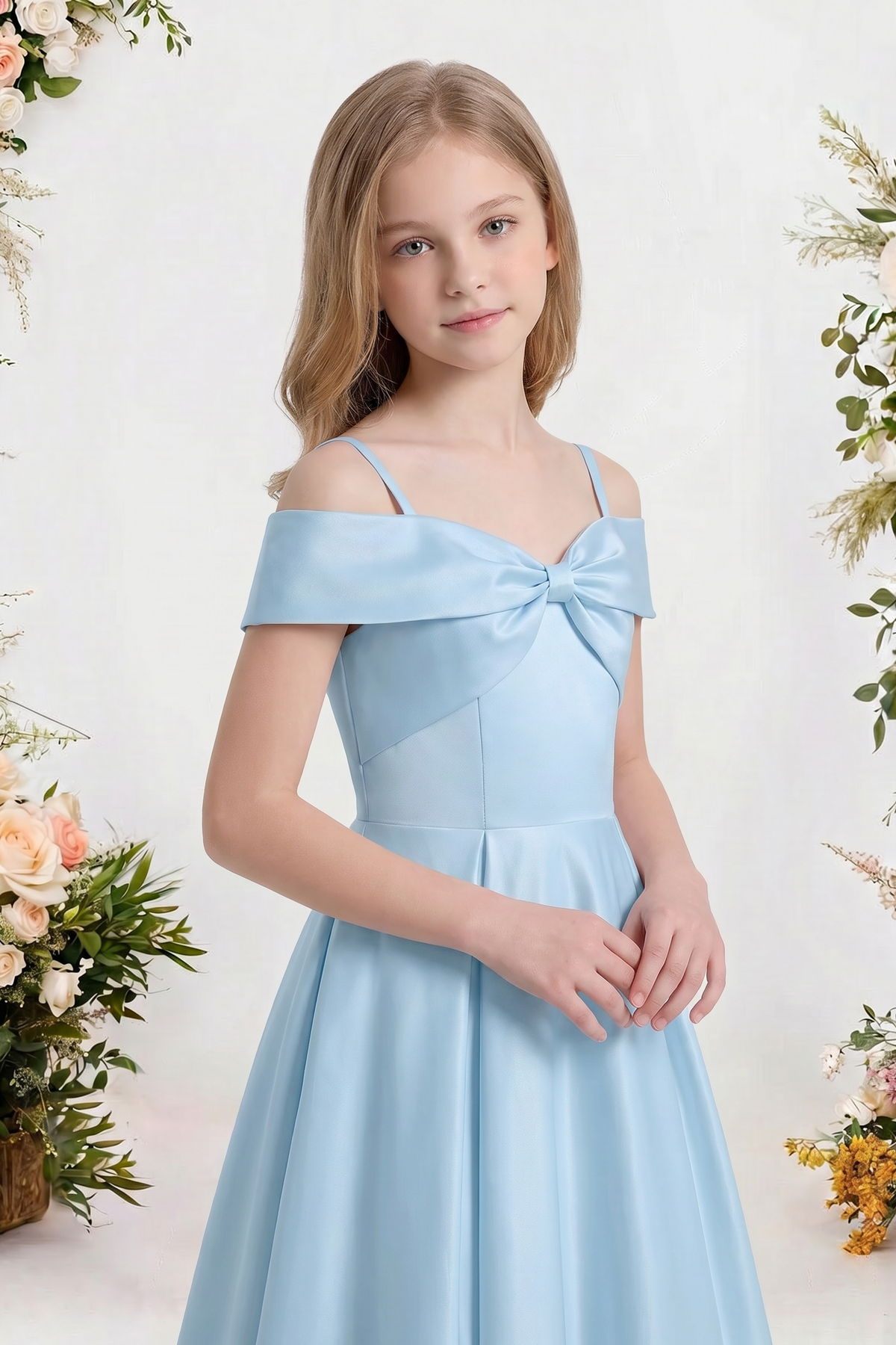 Blue Satin Off-Shoulder Strappy Bow Detail Dress