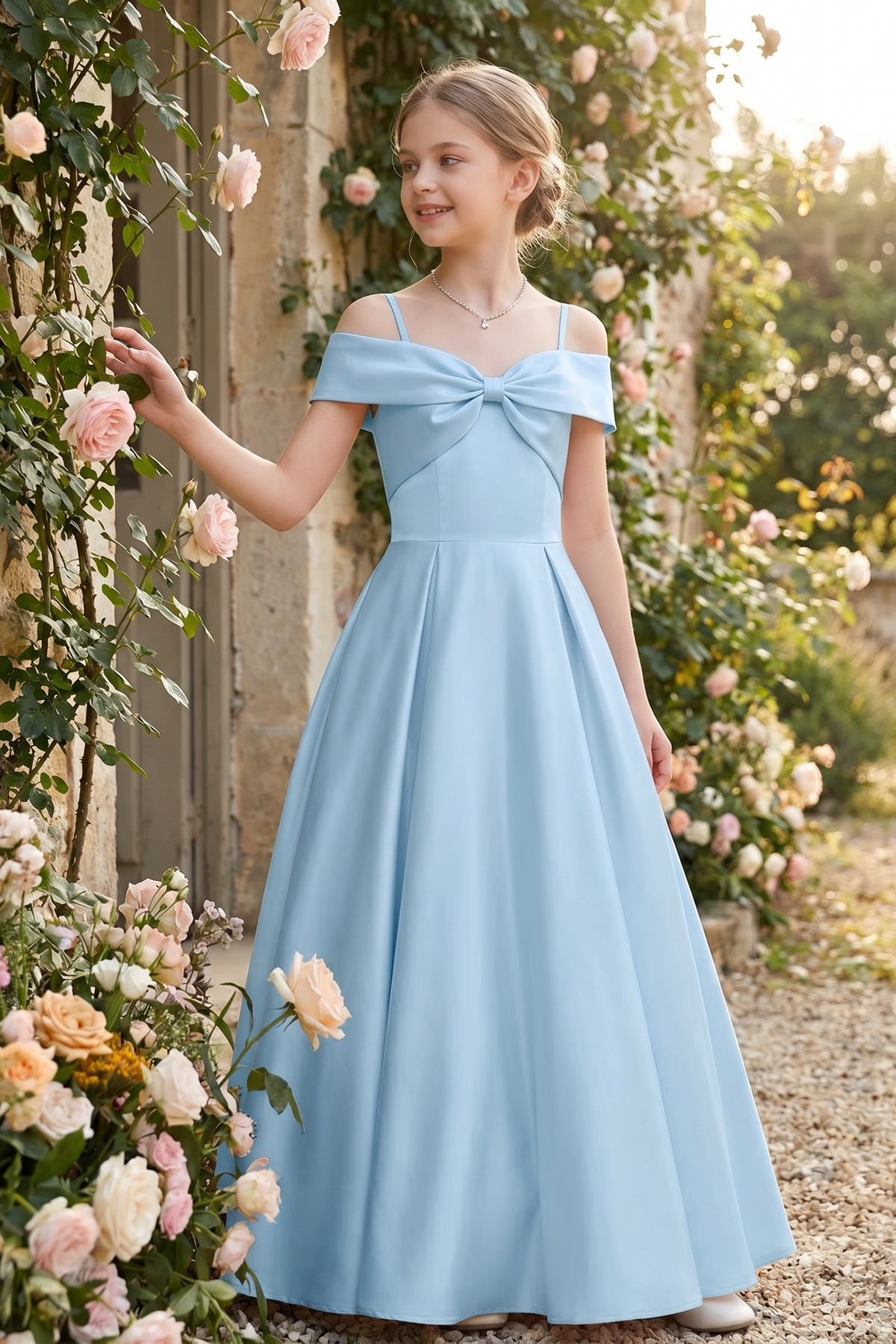 Blue Satin Off-Shoulder Strappy Bow Detail Dress