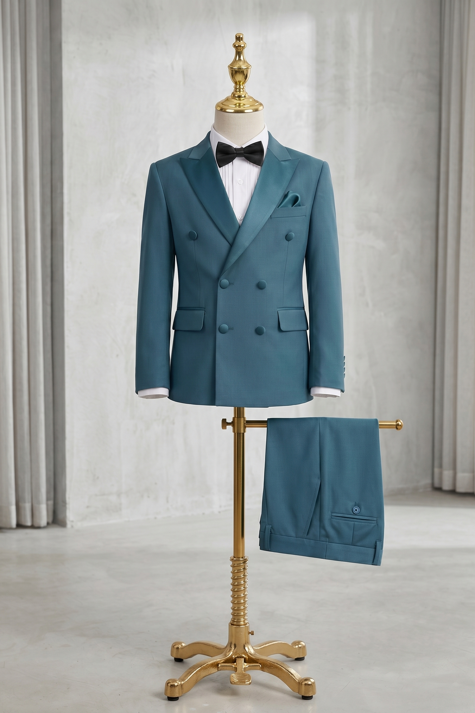 Peacock Blue Satin Double-Breasted 2-Piece Suit