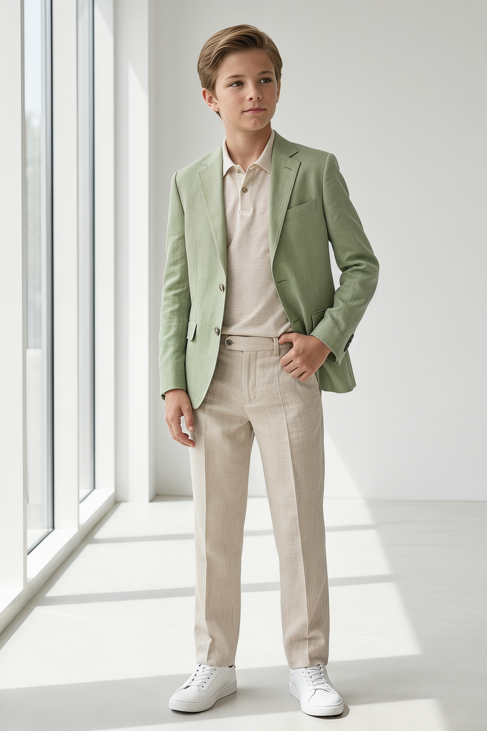 Light Green Cotton And Linen Single-Breasted 2-Piece Suit