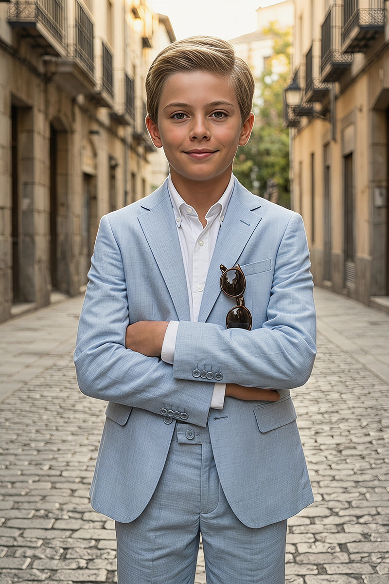 Boys Light Blue Linen-Blend 2-Piece Suit for Weddings & Formal Events