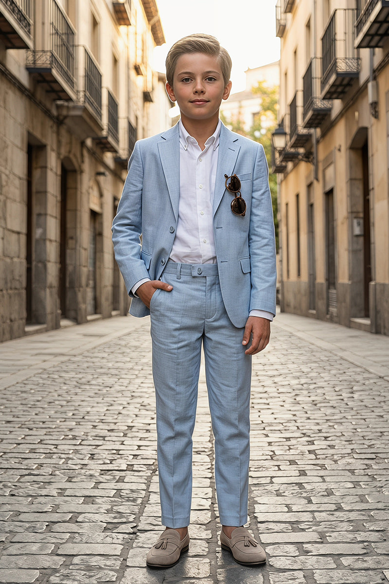 Boys Light Blue Linen-Blend 2-Piece Suit for Weddings & Formal Events