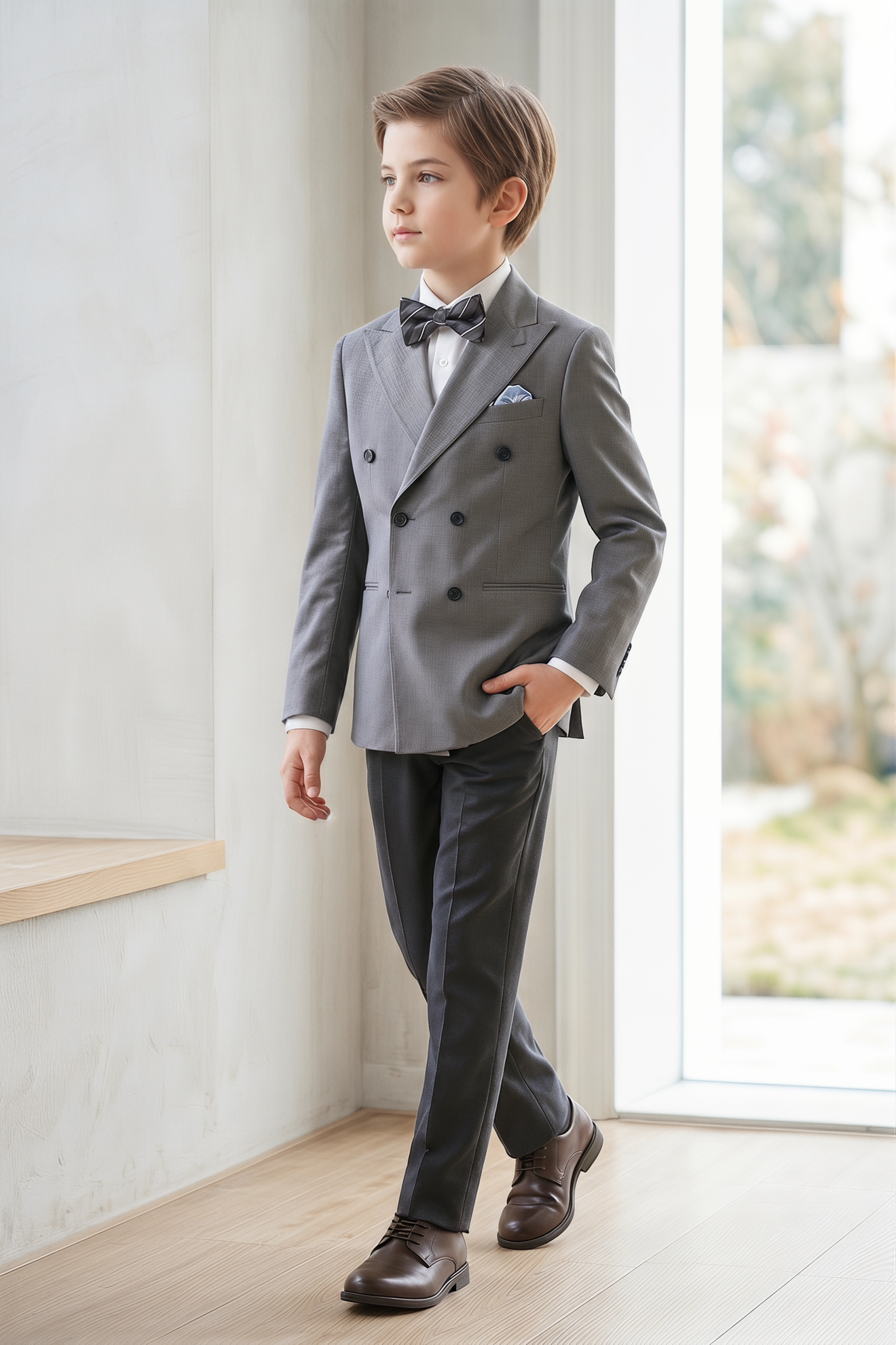 Gray And Black Cotton Linen Double-Breasted 2-Piece Suit