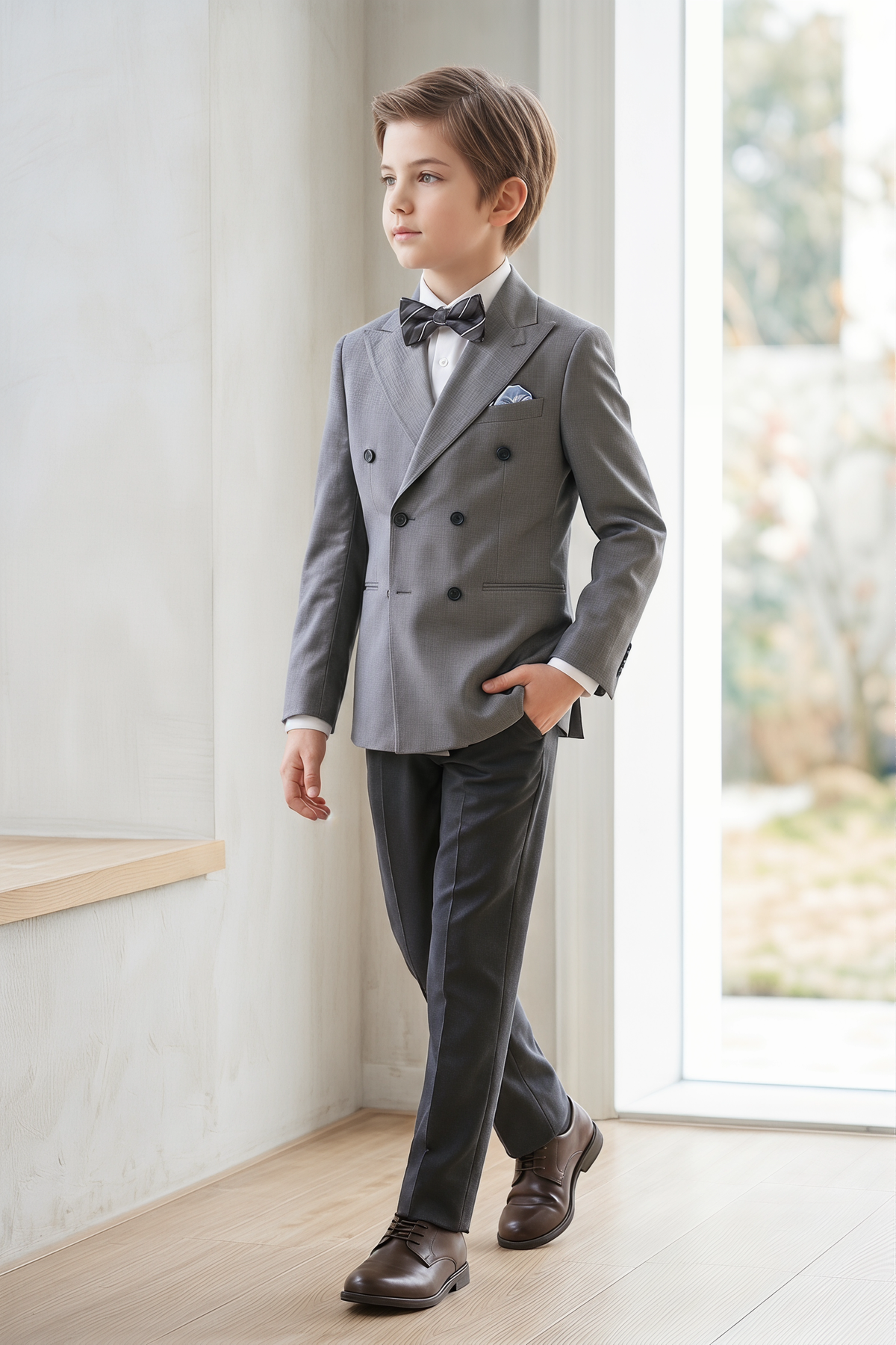 Gray And Black Cotton Linen Double-Breasted 2-Piece Suit