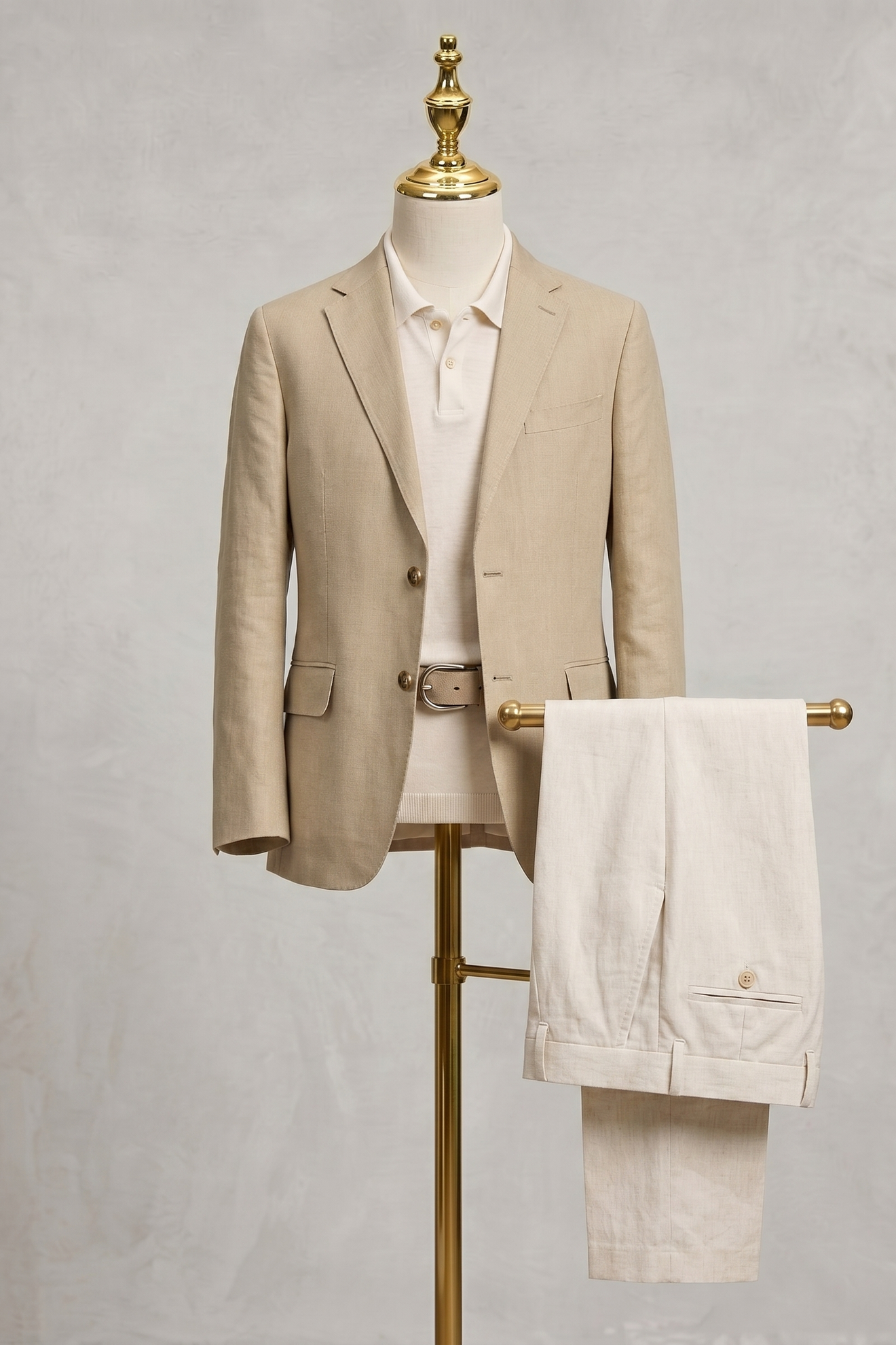 Light Khaki And Beige Cotton-Linen 2-Piece Suit