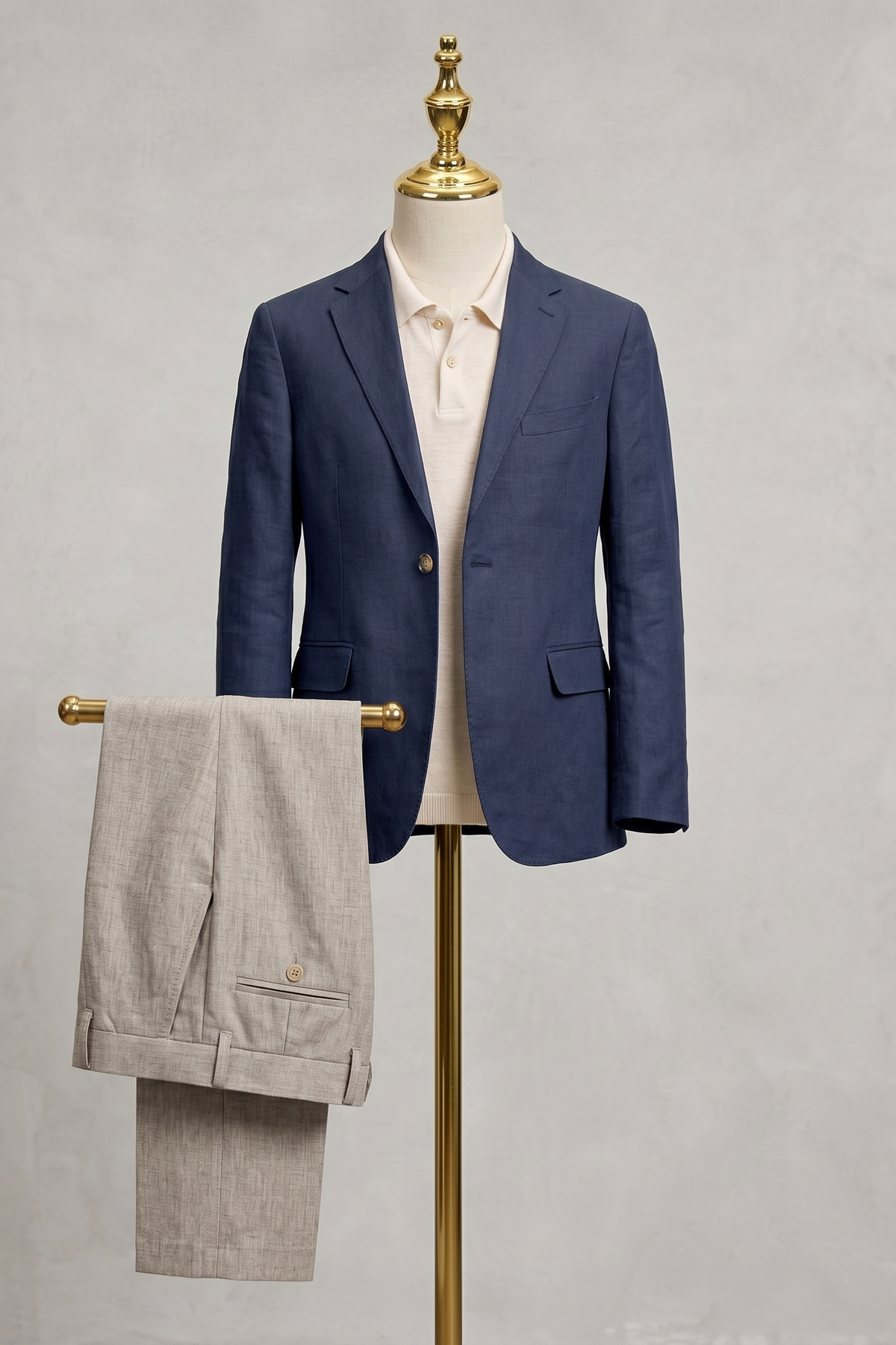 Navy Blue And Beige Cotton-Linen 2-Piece Suit