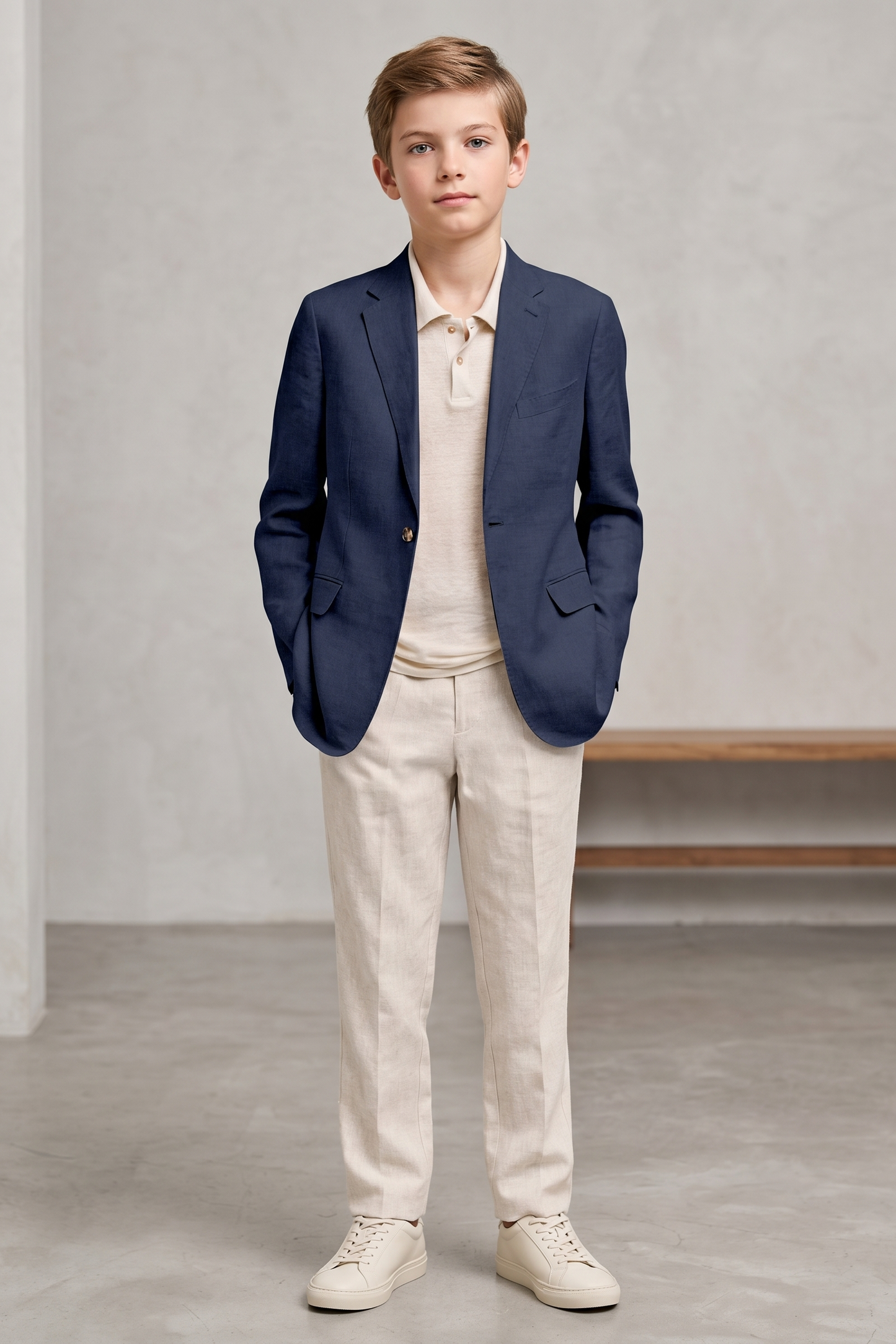 Navy Blue And Beige Cotton-Linen 2-Piece Suit