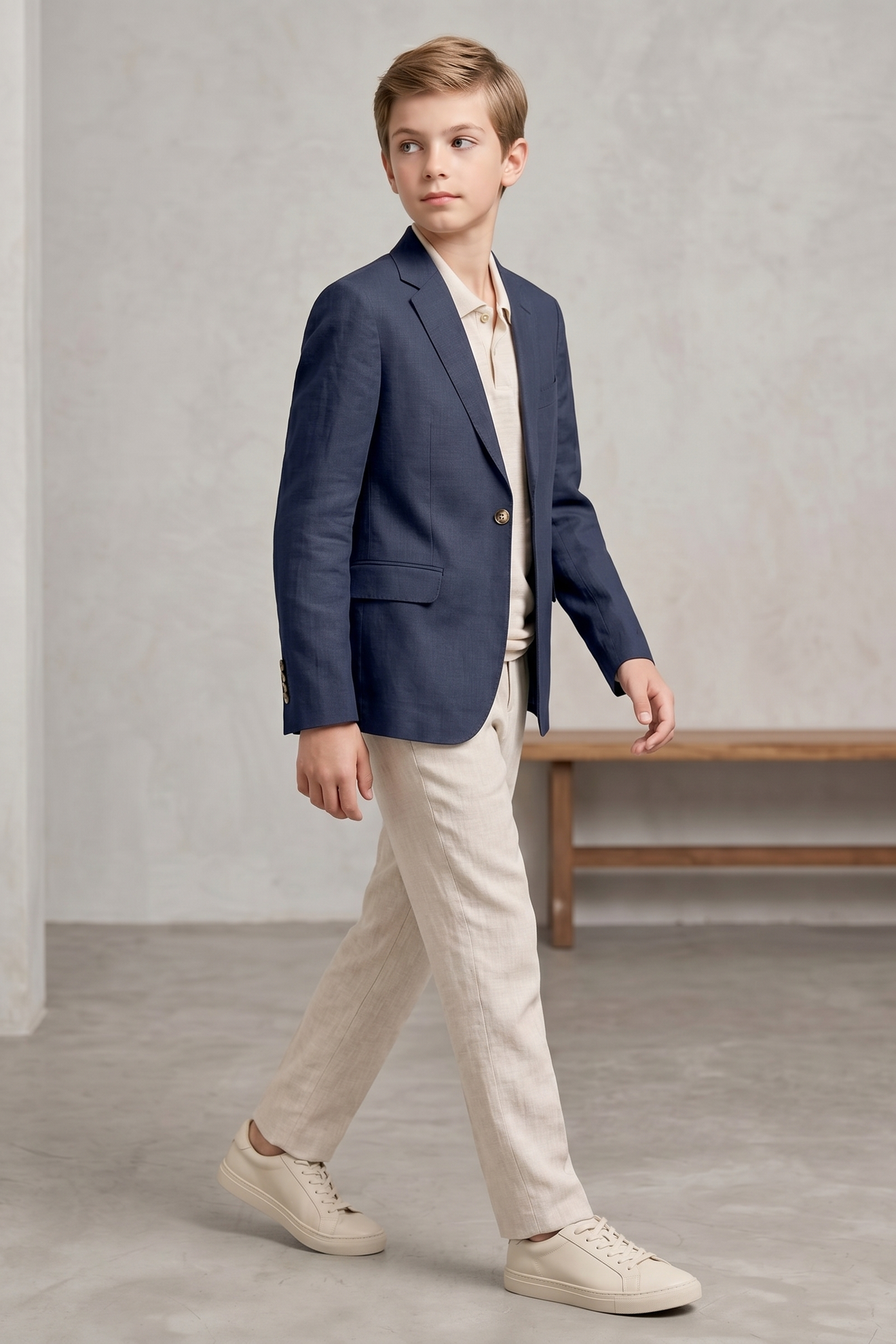 Navy Blue And Beige Cotton-Linen 2-Piece Suit