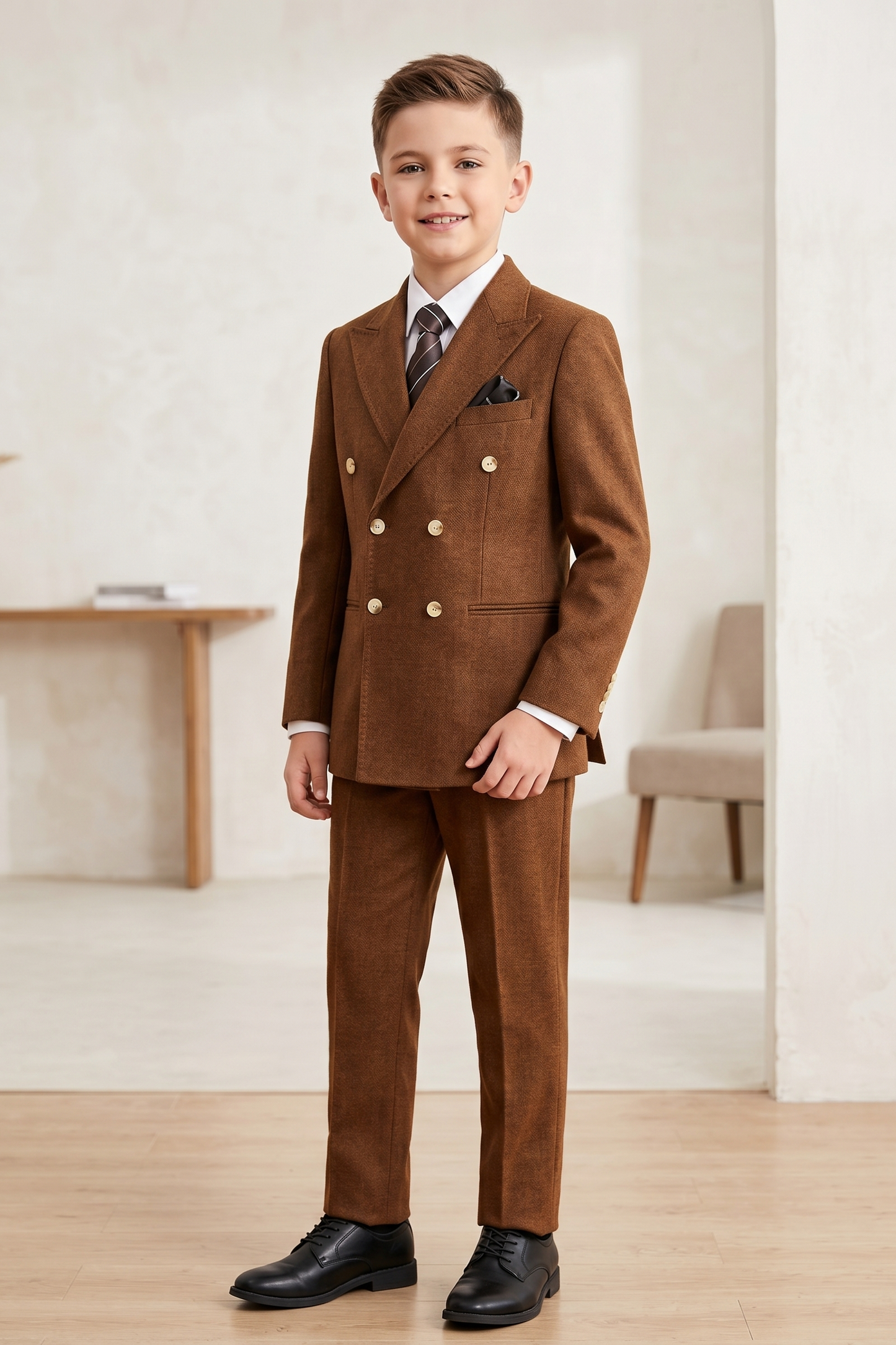 Brown Summer Herringbone Double-Breasted 2-Piece Suit