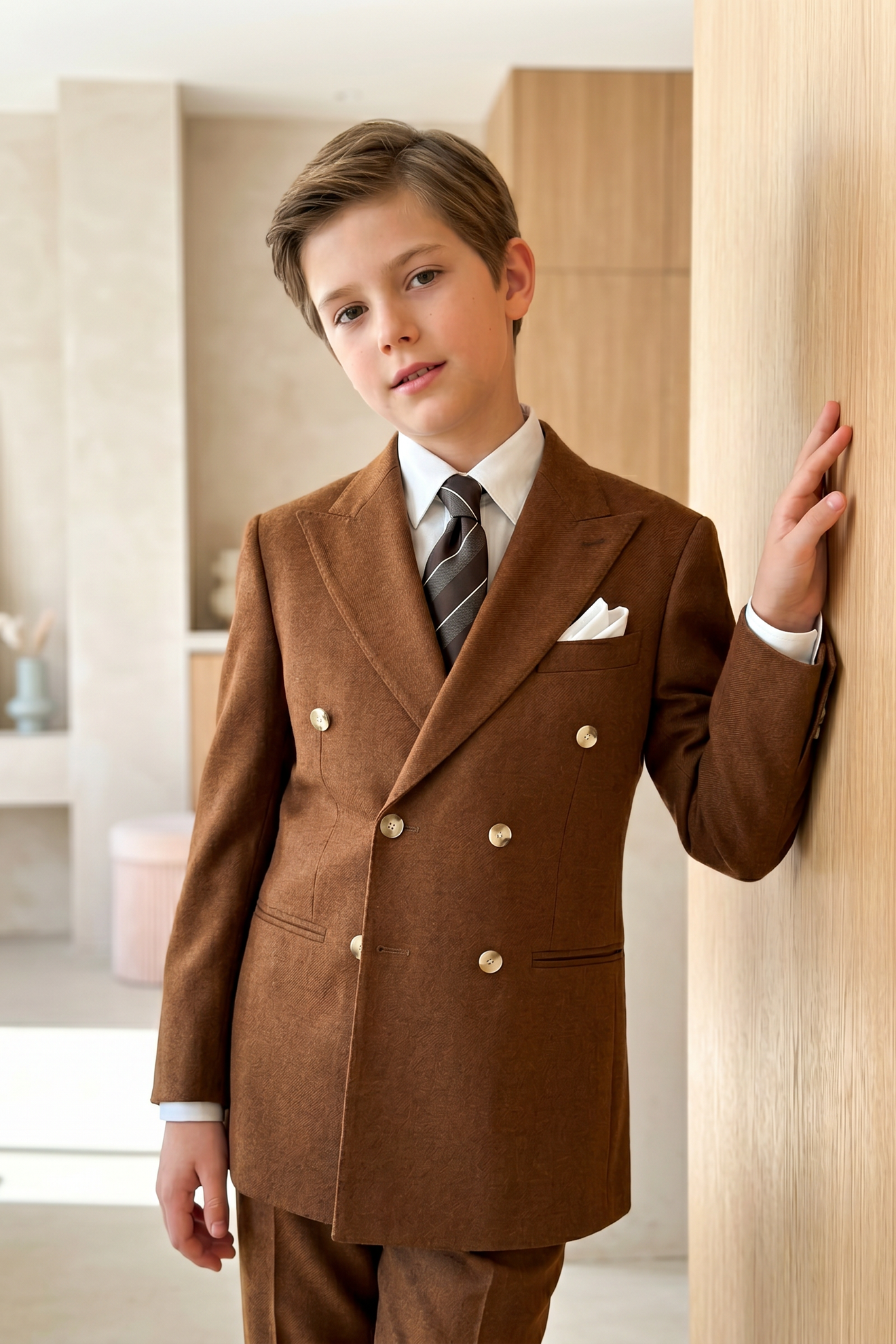 Brown Summer Herringbone Double-Breasted 2-Piece Suit