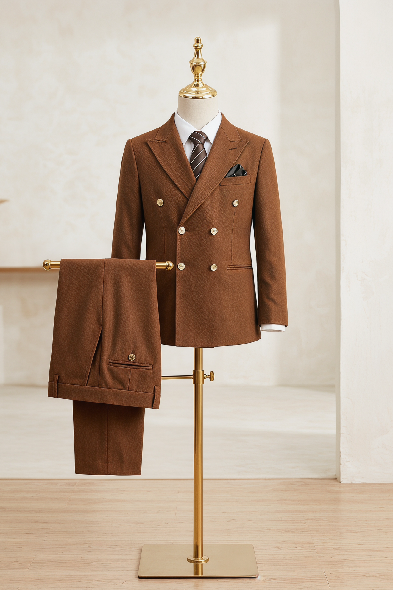 Brown Summer Herringbone Double-Breasted 2-Piece Suit
