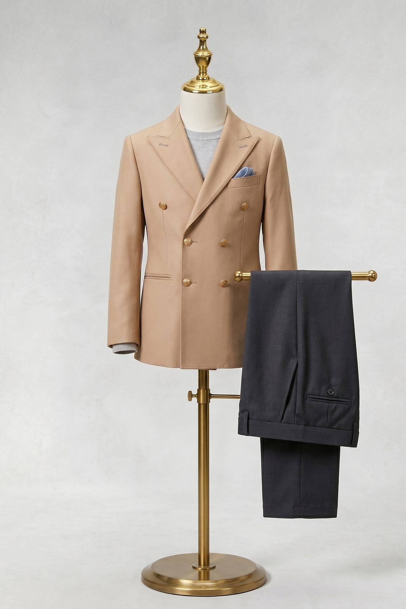 Khaki And Black Color-Blocked Double-Breasted 2-Piece Suit