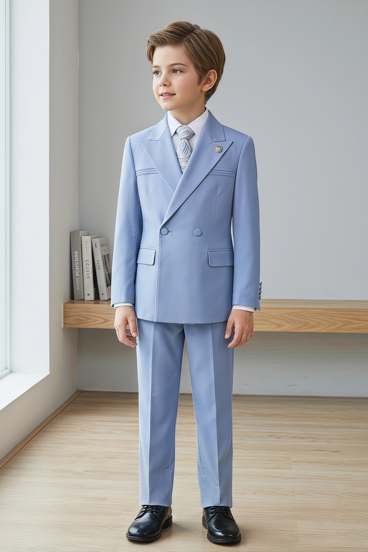Sky Blue Striped Double-Breasted 2-Piece Suit
