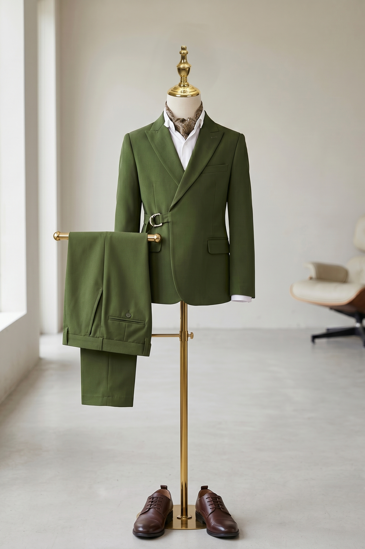 Dark Green Serge Adjustable Belted 2-Piece Suit