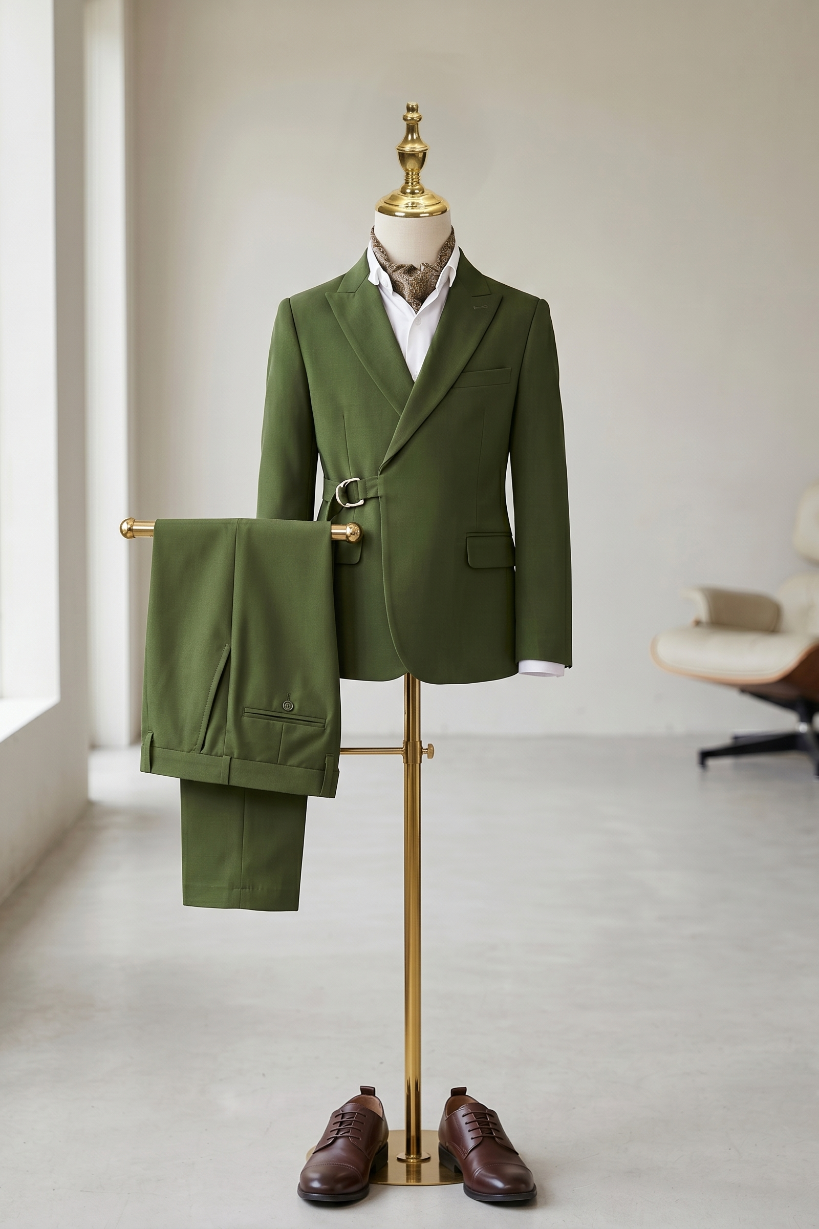 Dark Green Serge Adjustable Belted 2-Piece Suit