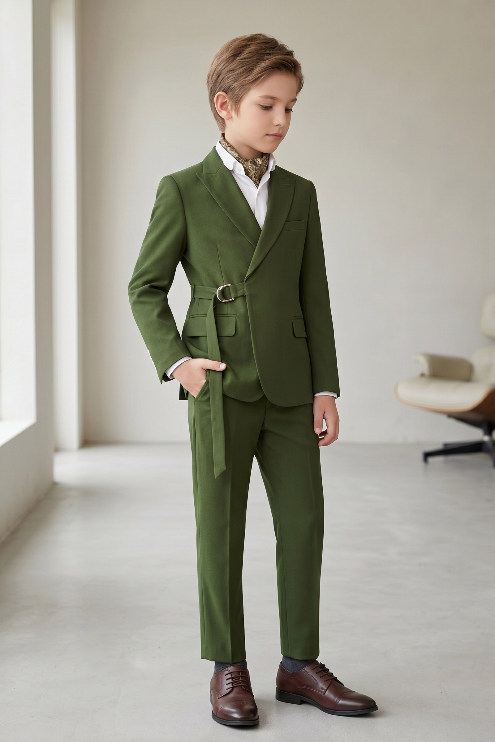 Dark Green Serge Adjustable Belted 2-Piece Suit