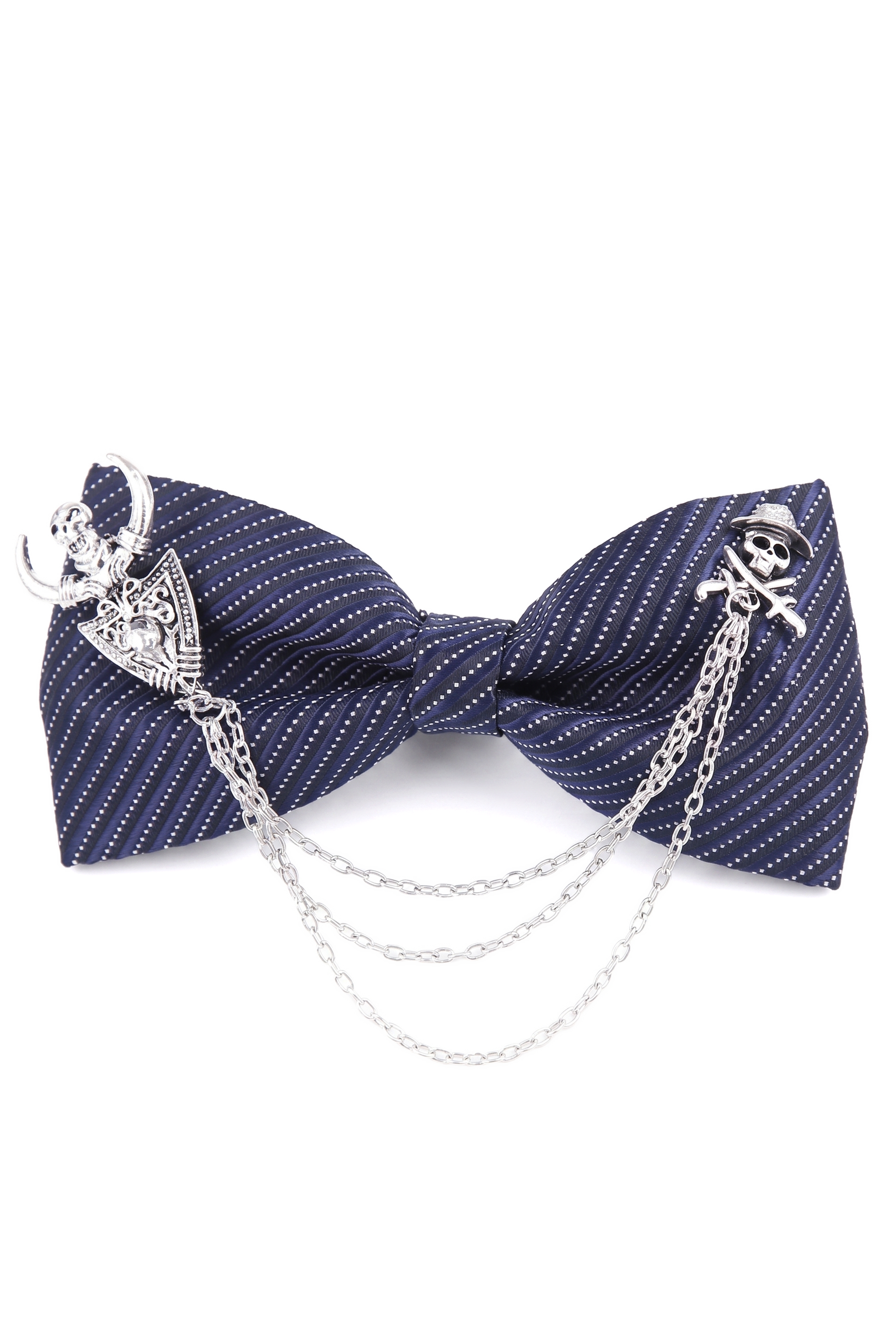 Navy Blue Striped Pirate Brooch Satin Bow Tie
