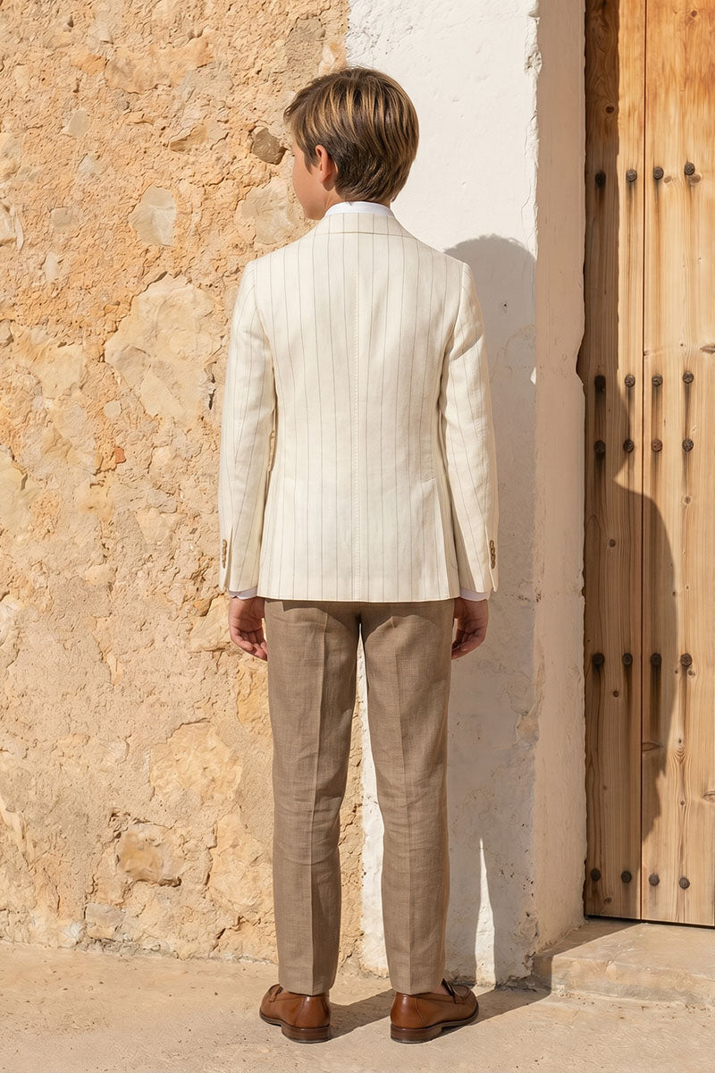 Boys Cream Pinstripe Double-Breasted Linen 2-Piece Suit for Weddings
