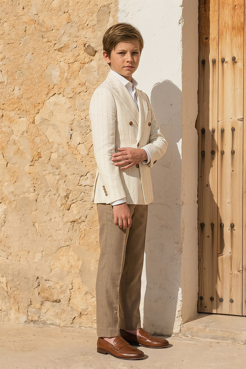 Boys Cream Pinstripe Double-Breasted Linen 2-Piece Suit for Weddings