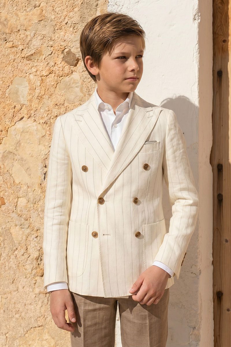 Boys Cream Pinstripe Double-Breasted Linen 2-Piece Suit for Weddings
