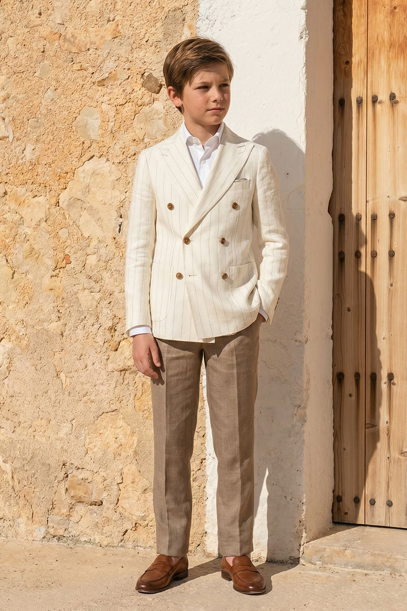 Boys Cream Pinstripe Double-Breasted Linen 2-Piece Suit for Weddings