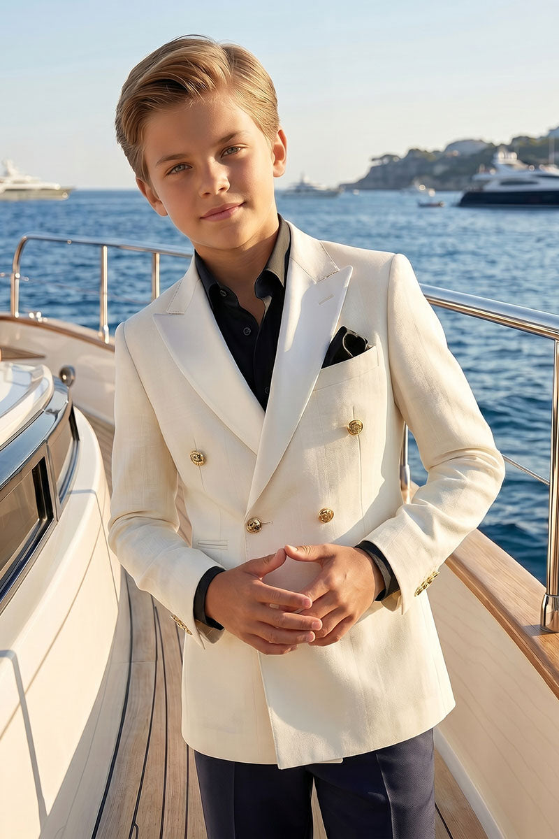 Boys Cream Double-Breasted Blazer with Navy Trousers 2-Piece Suit
