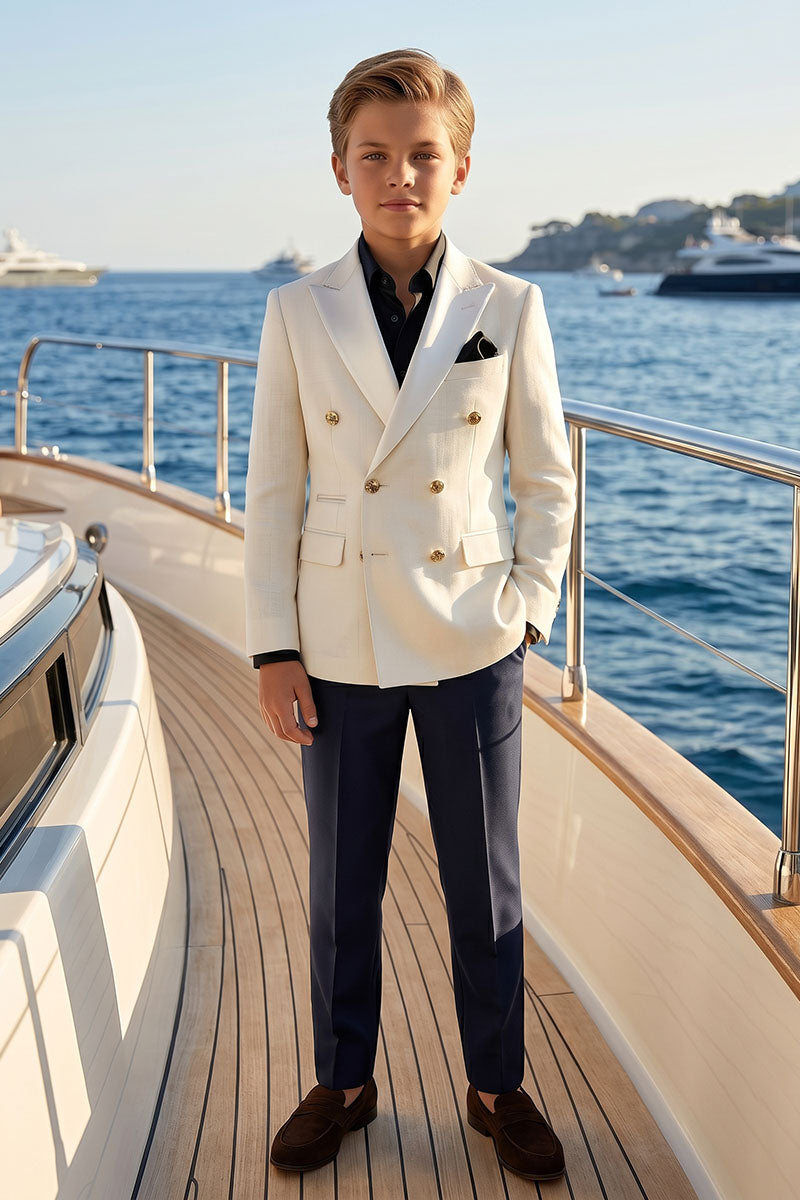 Boys Cream Double-Breasted Blazer with Navy Trousers 2-Piece Suit