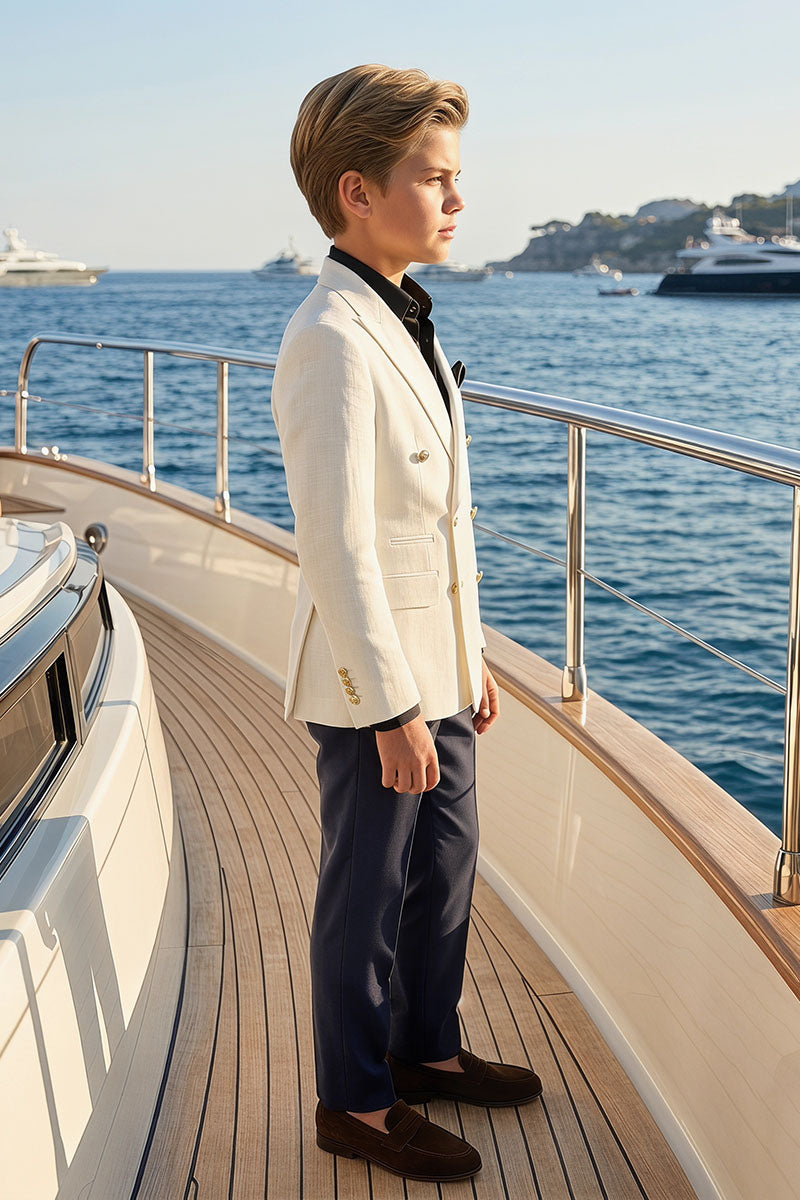 Boys Cream Double-Breasted Blazer with Navy Trousers 2-Piece Suit