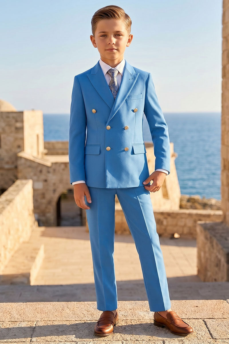 Boys Bright Blue Double-Breasted 2-Piece Suit for Weddings