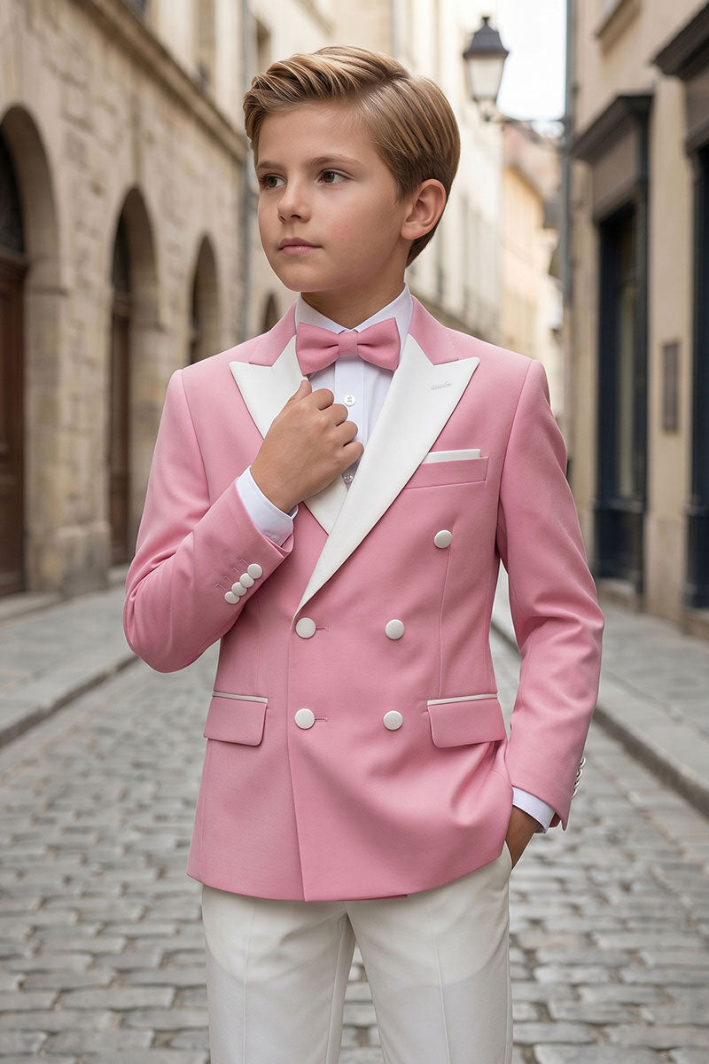Boys Pink Tuxedo Suit with White Lapels & Trousers 2-Piece Suit