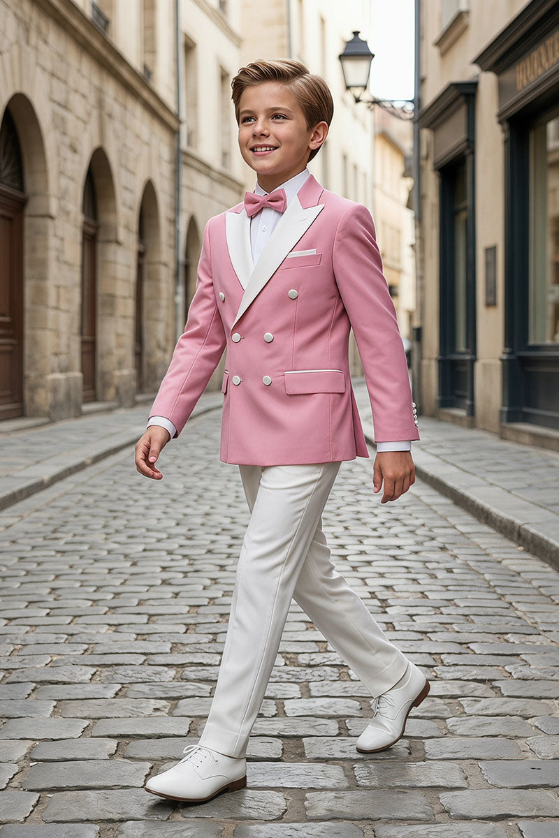 Boys Pink Tuxedo Suit with White Lapels & Trousers 2-Piece Suit