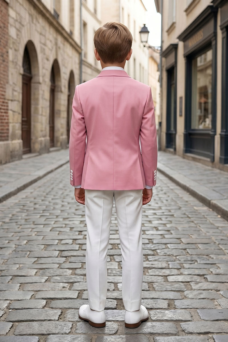 Boys Pink Tuxedo Suit with White Lapels & Trousers 2-Piece Suit