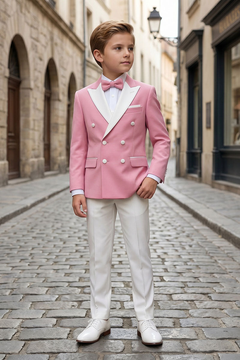 Boys Pink Tuxedo Suit with White Lapels & Trousers 2-Piece Suit