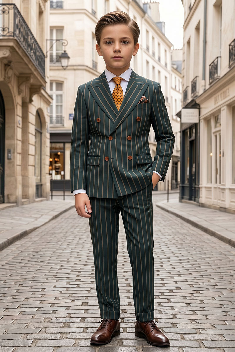 Boys Dark Green Pinstripe Double-Breasted 2-Piece Suit for Weddings